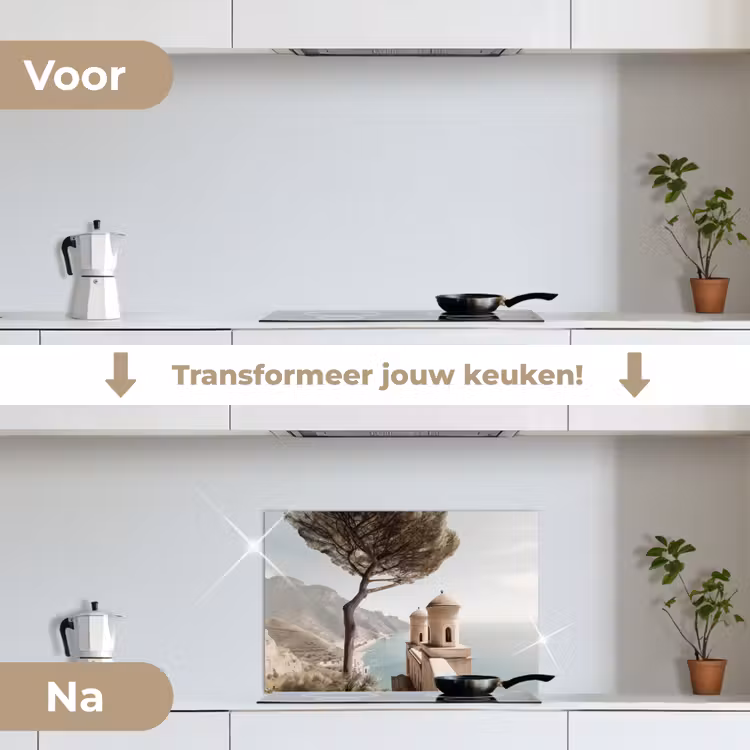Kust - Klif - Boom - Gebouw keuken achterwand spatscherm klein -voor_na_NL