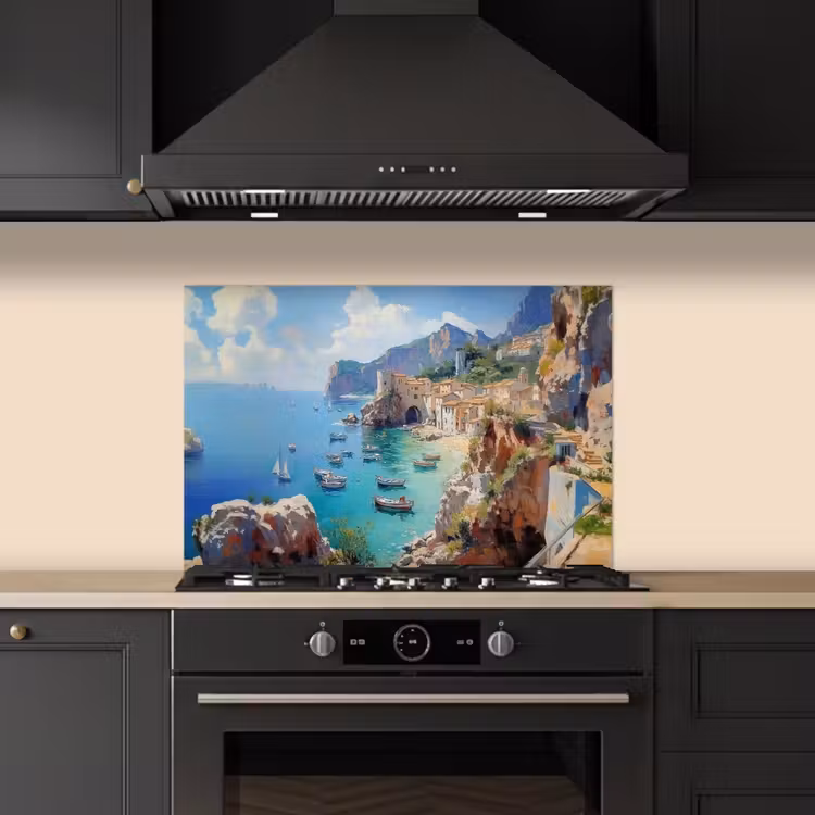 Kustdorp - Schilderij - Rotsen - Boten keuken achterwand spatscherm klein -sfeer1