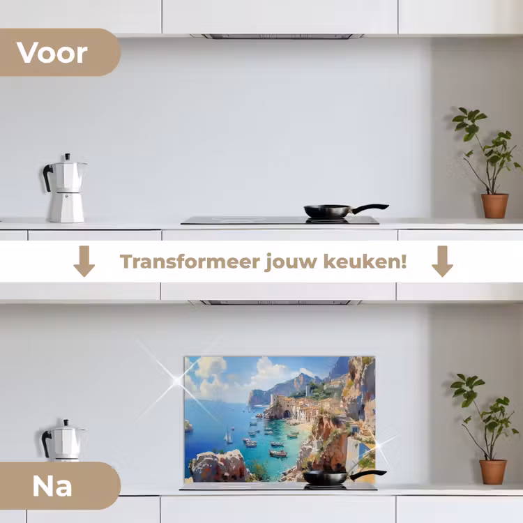 Kustdorp - Schilderij - Rotsen - Boten keuken achterwand spatscherm klein -voor_na_NL