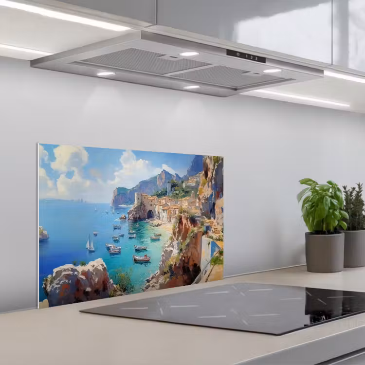 Kustdorp - Schilderij - Rotsen - Boten keuken achterwand spatscherm klein -3d_schuin
