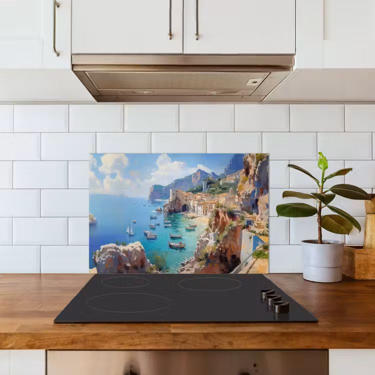 Kustdorp - Schilderij - Rotsen - Boten keuken achterwand spatscherm klein -sfeer2