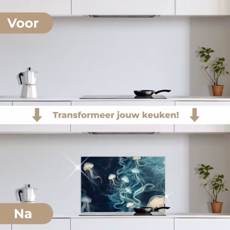 Kwallen - Zee - Wit - Golven keuken achterwand spatscherm klein -voor_na_NL