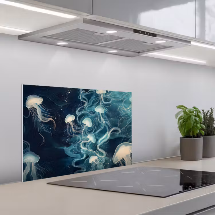 Kwallen - Zee - Wit - Golven keuken achterwand spatscherm klein -3d_schuin