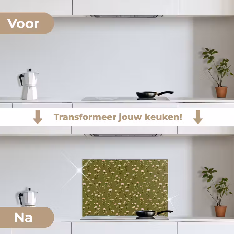 Landelijk - Bloemen - Groen keuken achterwand spatscherm klein 900 -voor_na_NL