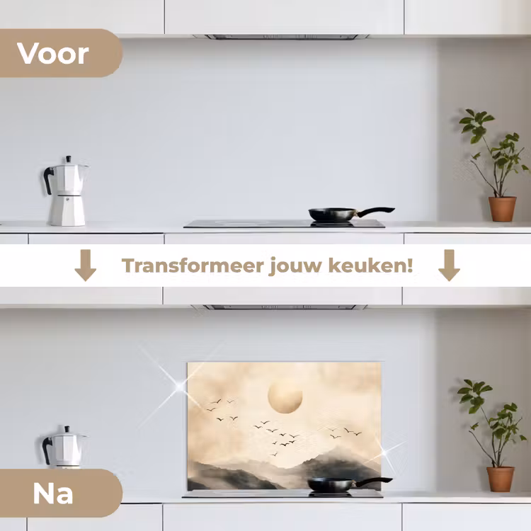 Landschap - Japandi - vogel keuken achterwand spatscherm klein -voor_na_NL