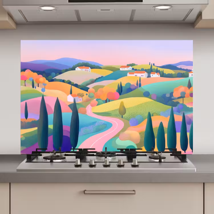 Landschap - Paars - Pastel - Huizen keuken achterwand spatscherm klein -3d_website