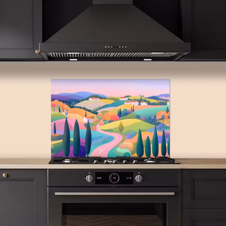 Landschap - Paars - Pastel - Huizen keuken achterwand spatscherm klein -sfeer1