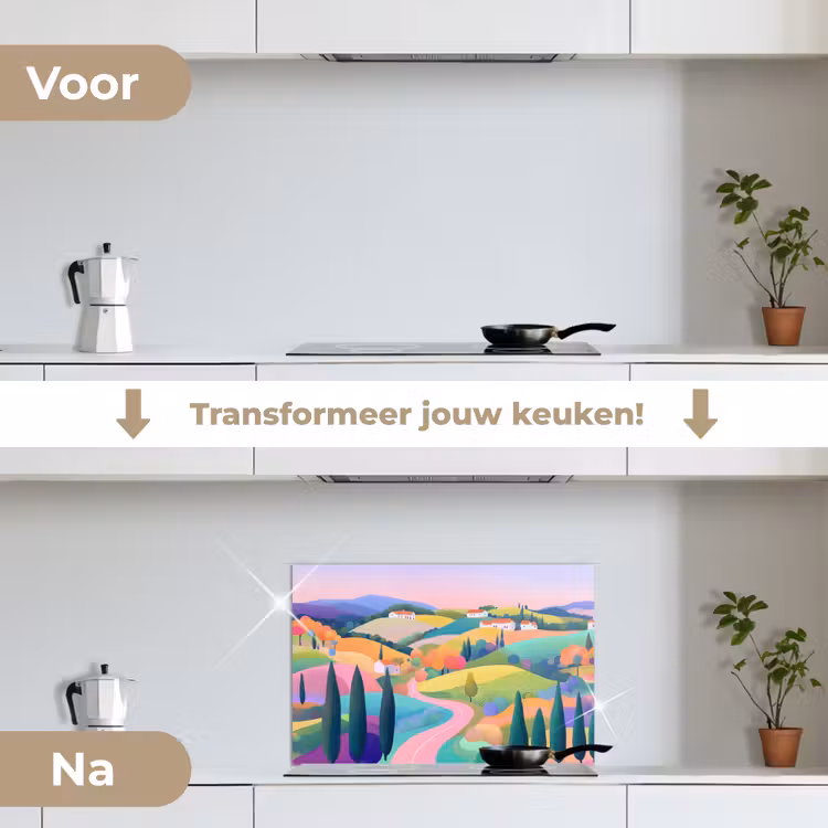 Landschap - Paars - Pastel - Huizen keuken achterwand spatscherm klein -voor_na_NL