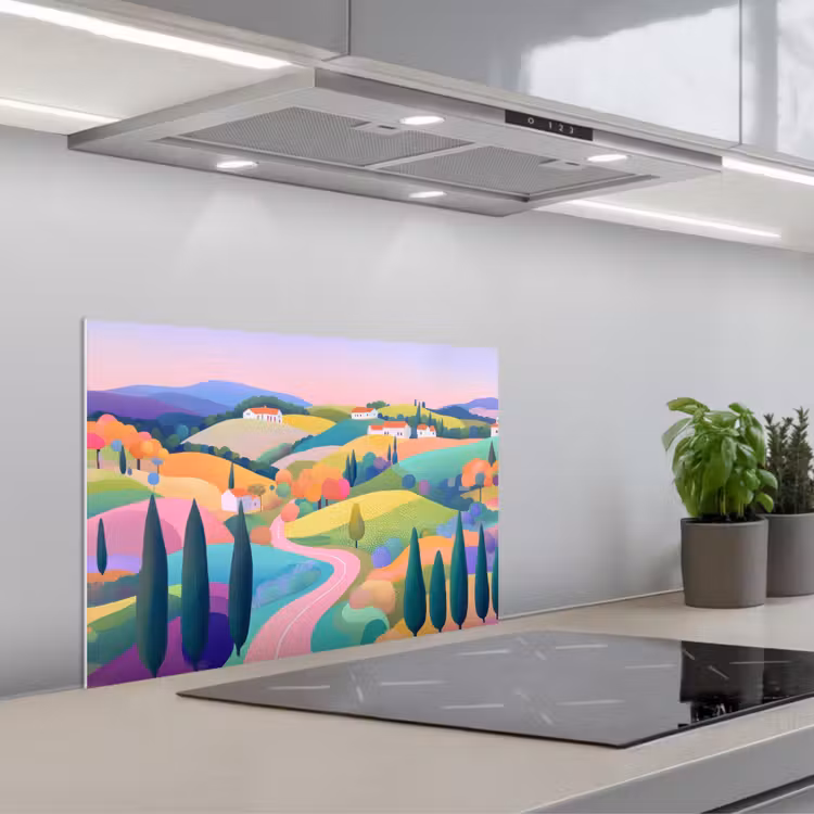 Landschap - Paars - Pastel - Huizen keuken achterwand spatscherm klein -3d_schuin