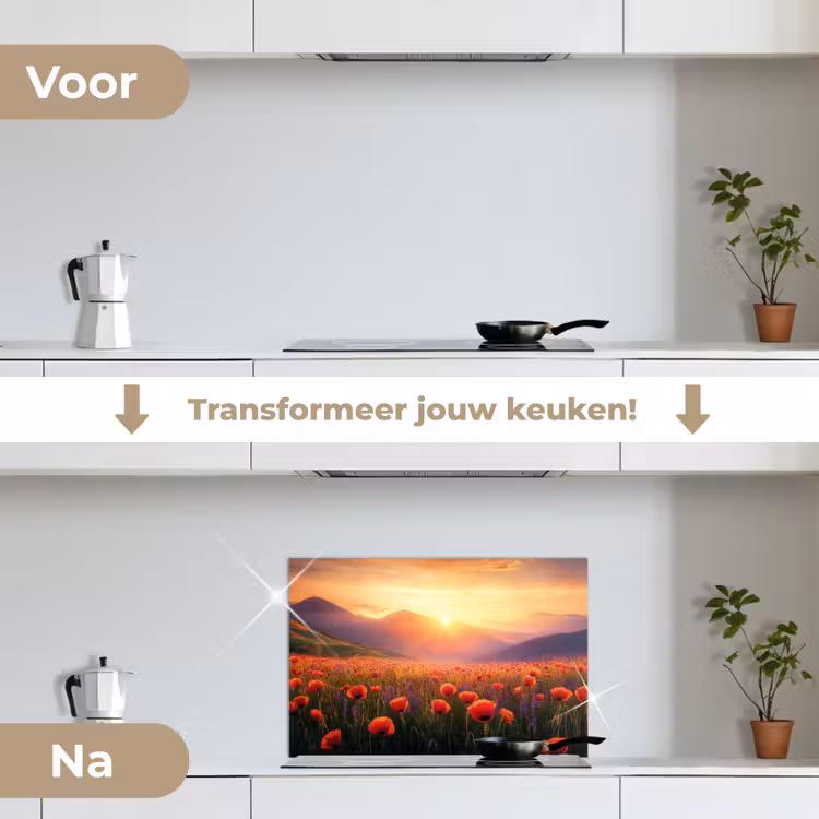Landschap - Zonsondergang - Bloemenveld keuken achterwand spatscherm klein -voor_na_NL