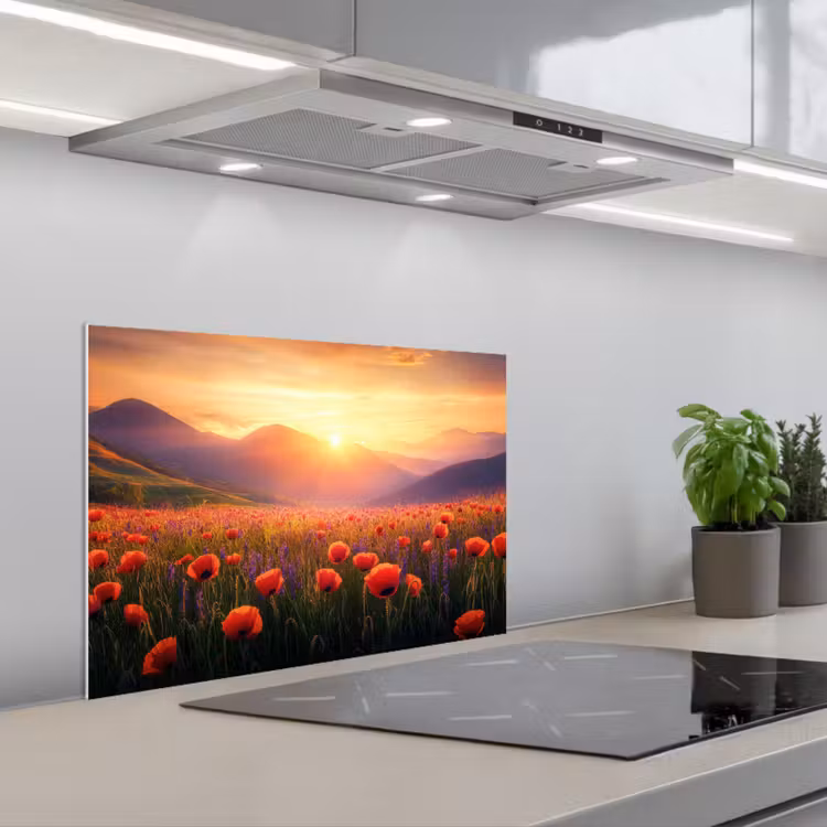 Landschap - Zonsondergang - Bloemenveld keuken achterwand spatscherm klein -3d_schuin