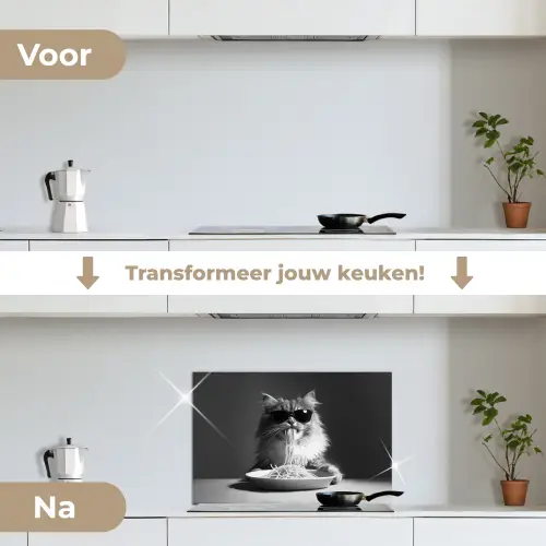 Langharige kat - Zonnebril - Spaghetti - Humor - Zwart - wit keuken achterwand spatscherm klein -voor_na_NL