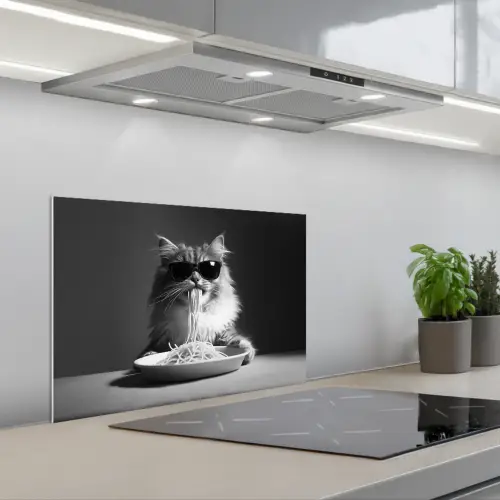 Langharige kat - Zonnebril - Spaghetti - Humor - Zwart - wit keuken achterwand spatscherm klein -3d_schuin