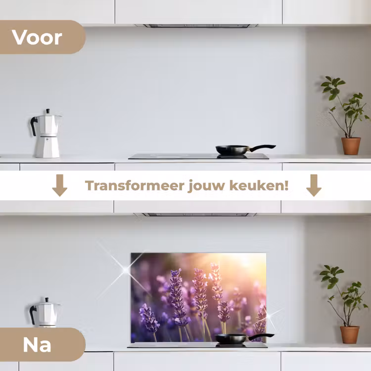 Lavendelbloemen - Paars - Zonlicht keuken achterwand spatscherm klein -voor_na_NL