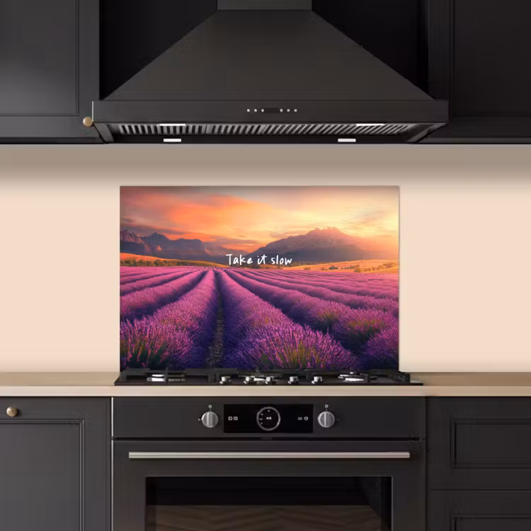 Lavendelveld - Quote - Zonsondergang keuken achterwand spatscherm klein -sfeer1