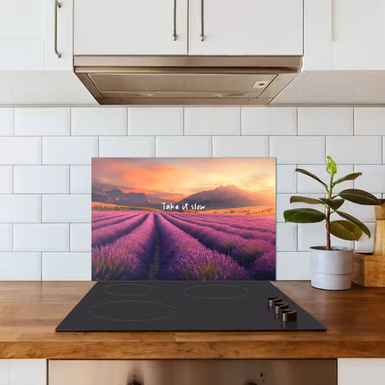 Lavendelveld - Quote - Zonsondergang keuken achterwand spatscherm klein -sfeer2