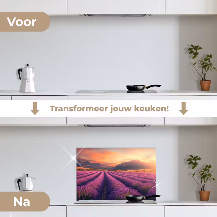 Lavendelveld - Zonsondergang - Paars keuken achterwand spatscherm klein -voor_na_NL