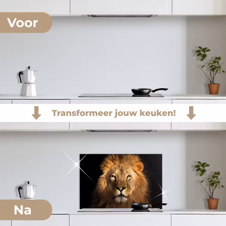 Leeuw - Dieren - Zwart - Licht - Bruin - Portret keuken achterwand spatscherm klein -voor_na_NL