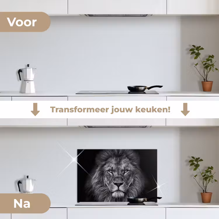 Leeuw - Dieren - Zwart - Wit keuken achterwand spatscherm klein -voor_na_NL