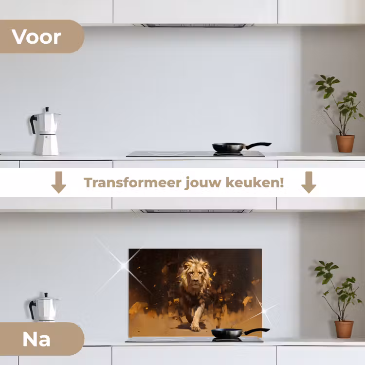 Leeuw - Geschilderd - Abstract - Goud keuken achterwand spatscherm klein -voor_na_NL