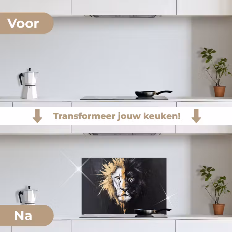 Leeuw - Gesplitst - Zwart - Lijn keuken achterwand spatscherm klein -voor_na_NL
