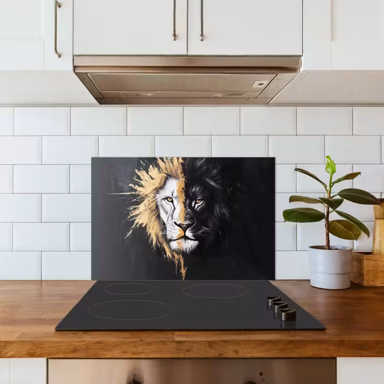 Leeuw - Gesplitst - Zwart - Lijn keuken achterwand spatscherm klein -sfeer2