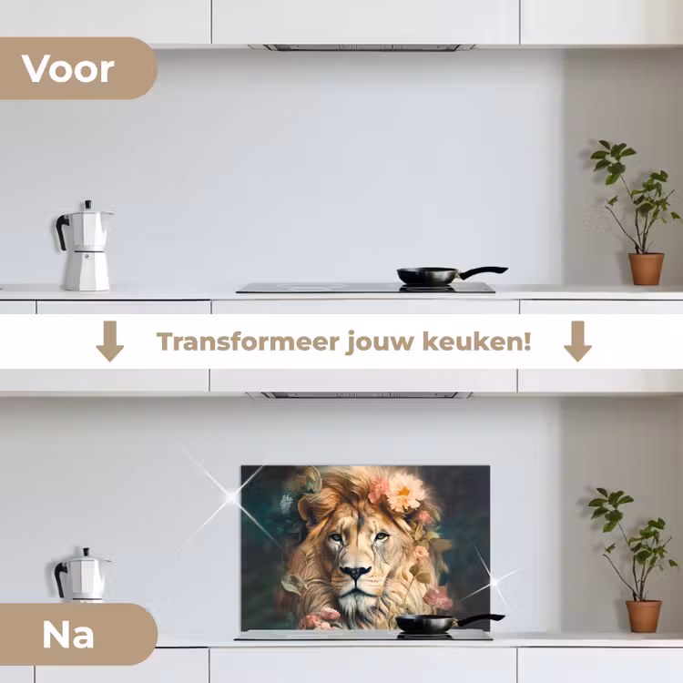 Leeuw - Leeuwenkop - Wilde dieren - Bloemen keuken achterwand spatscherm klein -voor_na_NL