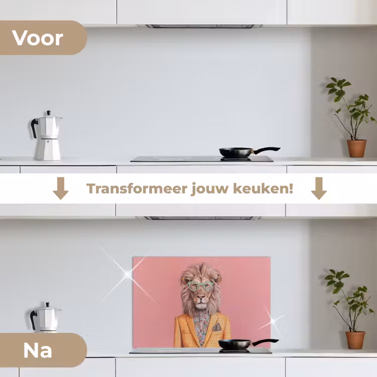 Leeuw - Pak - Geruit - Bril keuken achterwand spatscherm klein -voor_na_NL