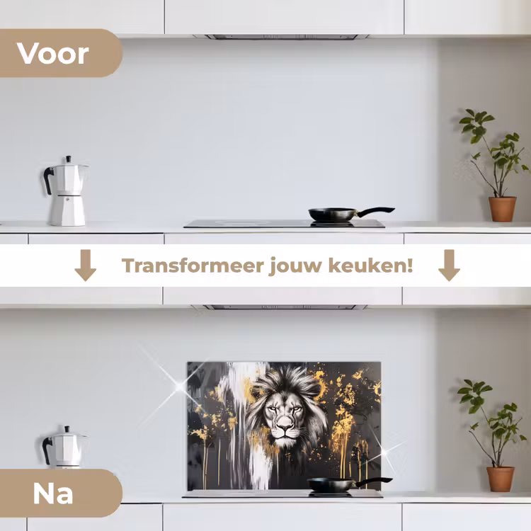 Leeuw - Portret - Verfspatten - Grijs keuken achterwand spatscherm klein -voor_na_NL
