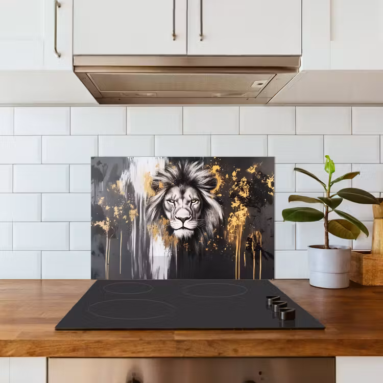 Leeuw - Portret - Verfspatten - Grijs keuken achterwand spatscherm klein -sfeer2