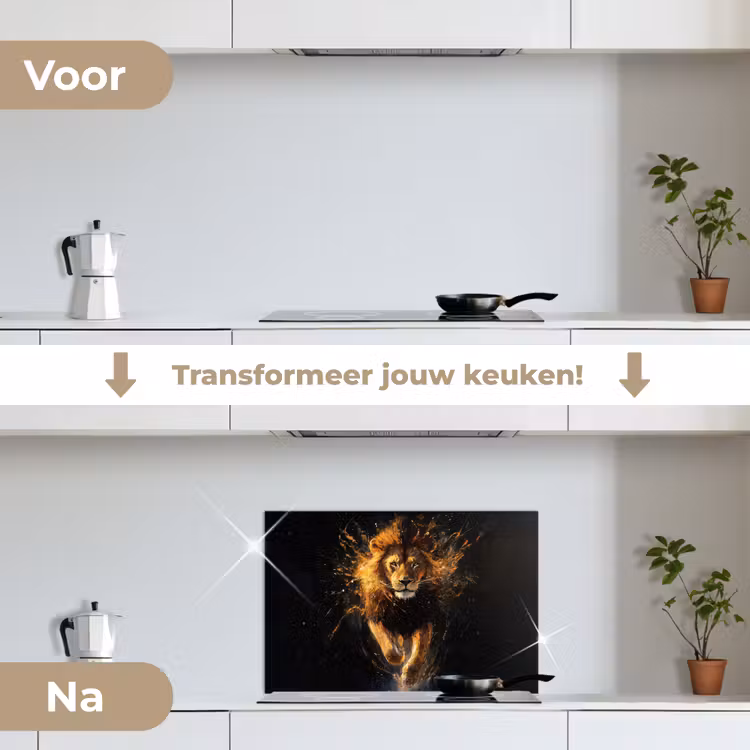 Leeuw - Zwart - Oranje - Verf keuken achterwand spatscherm klein -voor_na_NL
