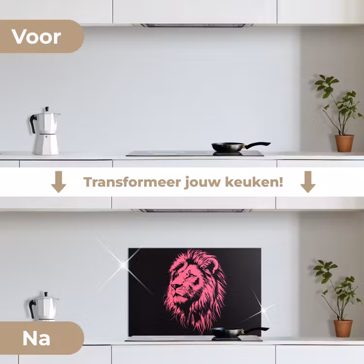Leeuw - Zwart - Roze - Neon keuken achterwand spatscherm klein -voor_na_NL