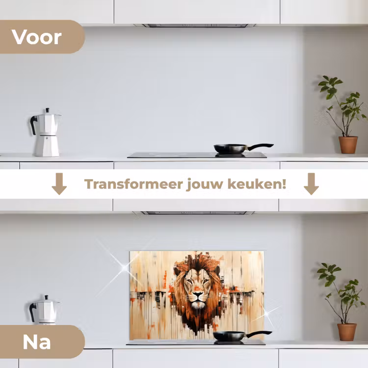 Leeuwenkop - Lijnen - Crème keuken achterwand spatscherm klein -voor_na_NL