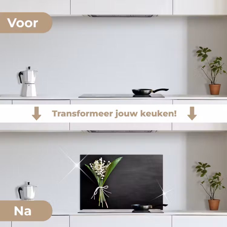 Lelietjes van dalen - Bloemen - Strik keuken achterwand spatscherm klein -voor_na_NL