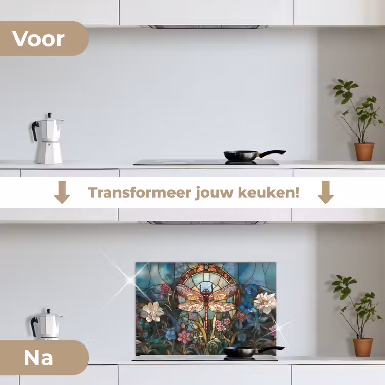 Libelle - Mozaïek - Bloemen - Kleurrijk keuken achterwand spatscherm klein -voor_na_NL