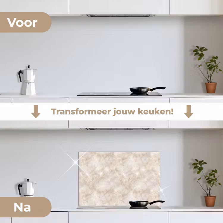 Lichtbeige - Goudbruine Nerven - Marmer keuken achterwand spatscherm klein 900 -voor_na_NL