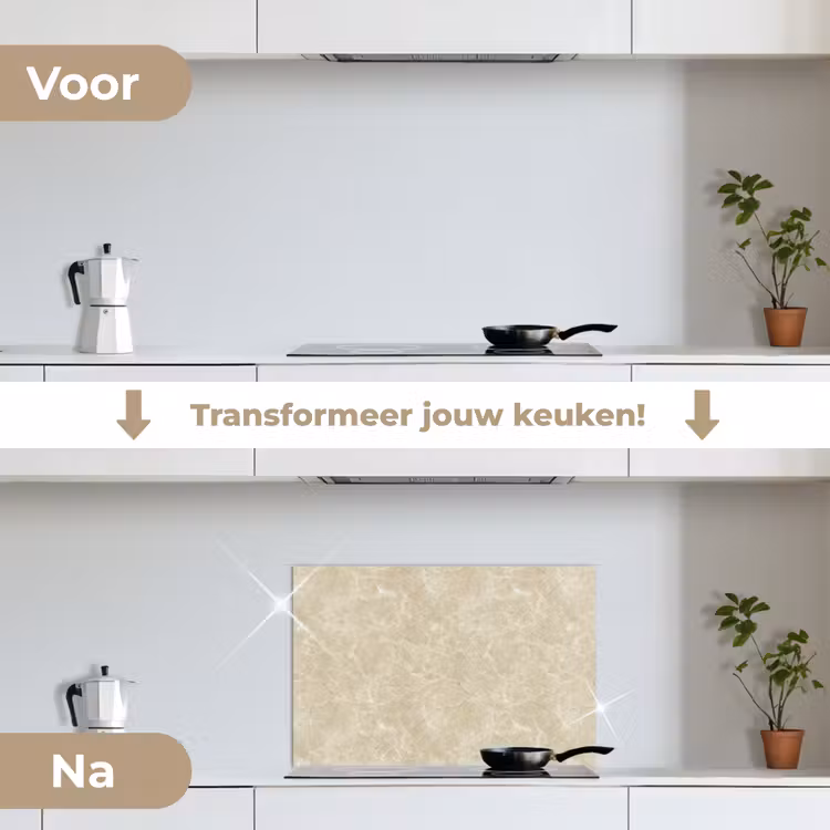 Lichtbeige - Marmer - Diffusie adering keuken achterwand spatscherm klein 900 -voor_na_NL