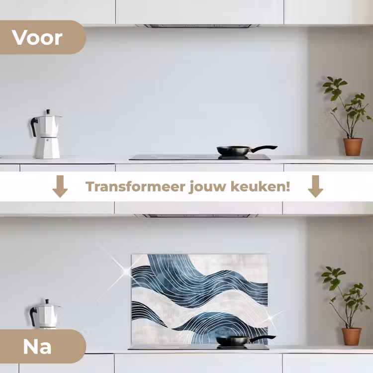 Lijnen - Golven - Abstract - Blauw keuken achterwand spatscherm klein -voor_na_NL