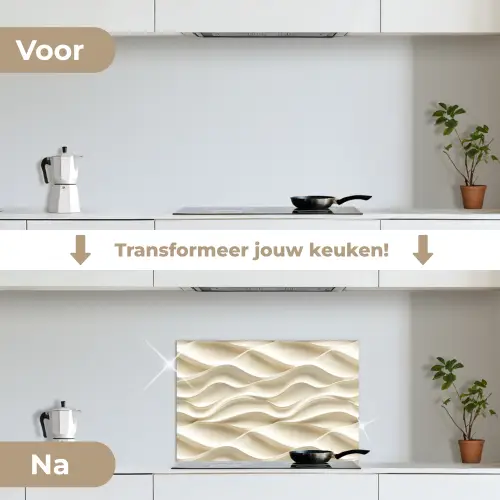 Lijnen - Golvend - Crème keuken achterwand spatscherm klein 900 -voor_na_NL