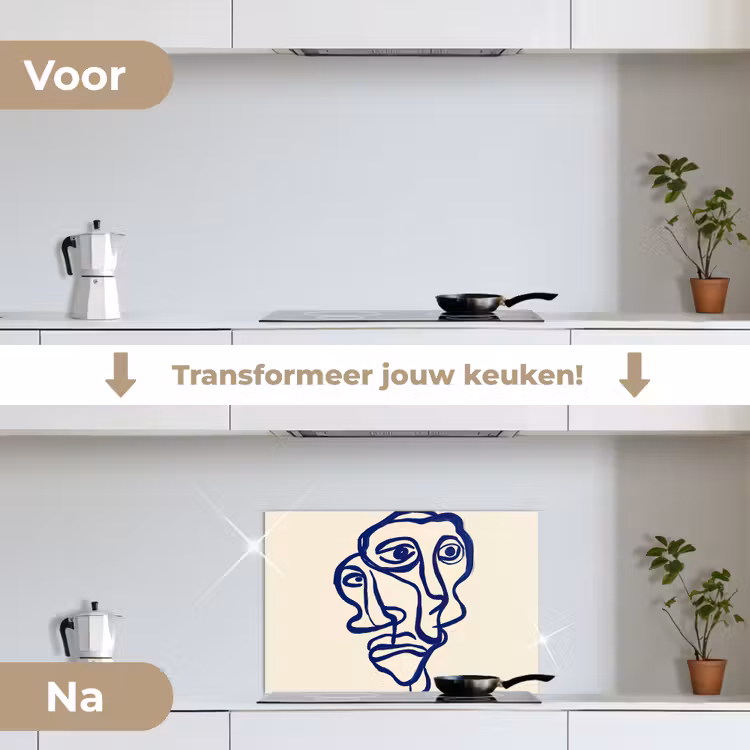 Lijntekening - Overlappende gezichten - Donkerblauw keuken achterwand spatscherm klein -voor_na_NL