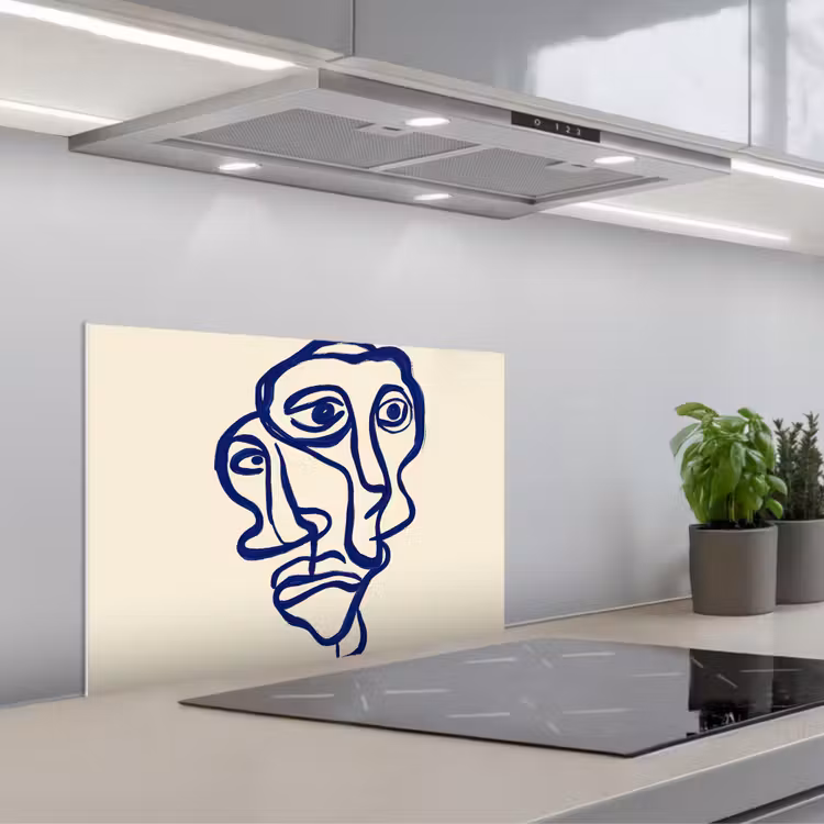 Lijntekening - Overlappende gezichten - Donkerblauw keuken achterwand spatscherm klein -3d_schuin