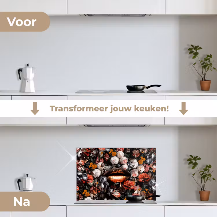 Lippen - Bloemen - Verf - Oranje - Kunst - Abstract - Oude meesters keuken achterwand spatscherm klein -voor_na_NL
