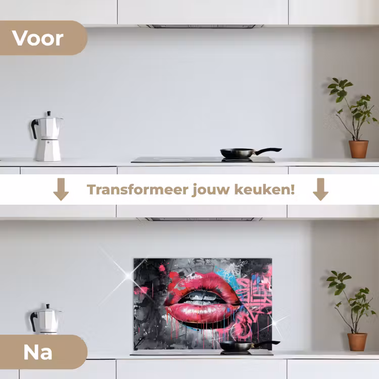 Lippen - Felroze - Graffiti - Verfstrepen keuken achterwand spatscherm klein -voor_na_NL