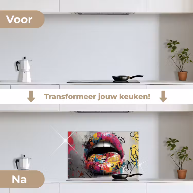 Lippen - Graffiti - Expressief keuken achterwand spatscherm klein -voor_na_NL