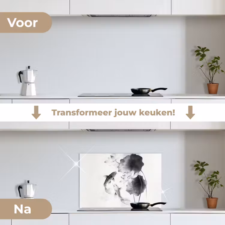 Lotusbloemen - Vissen - Bladeren - Zwart keuken achterwand spatscherm klein -voor_na_NL