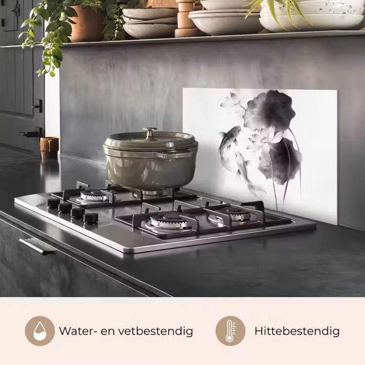 Lotusbloemen - Vissen - Bladeren - Zwart keuken achterwand spatscherm klein -usp_NL
