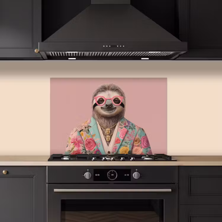 Luiaard - Bloemenprint - Bril - Roze keuken achterwand spatscherm klein -sfeer1
