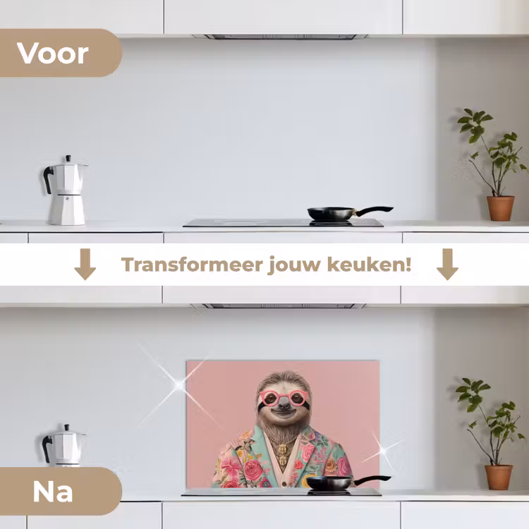 Luiaard - Bloemenprint - Bril - Roze keuken achterwand spatscherm klein -voor_na_NL