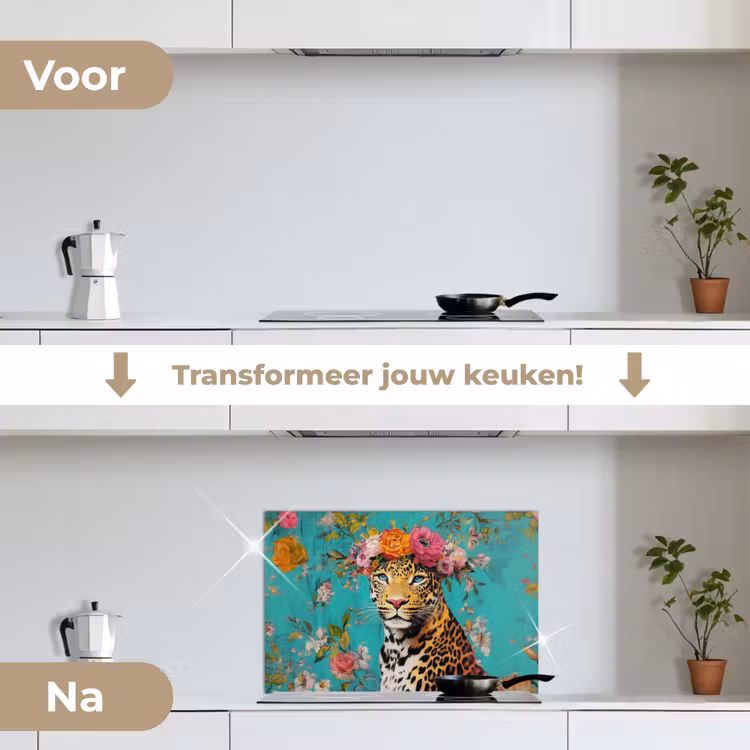 Luipaard - Bloemen - Kroon keuken achterwand spatscherm klein -voor_na_NL