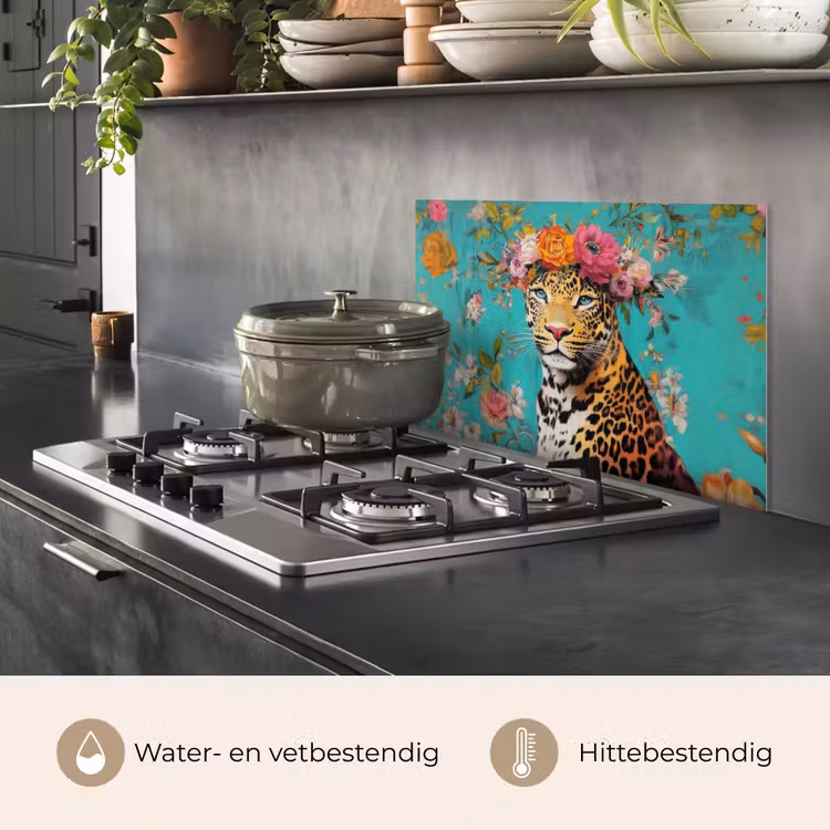 Luipaard - Bloemen - Kroon keuken achterwand spatscherm klein -usp_NL